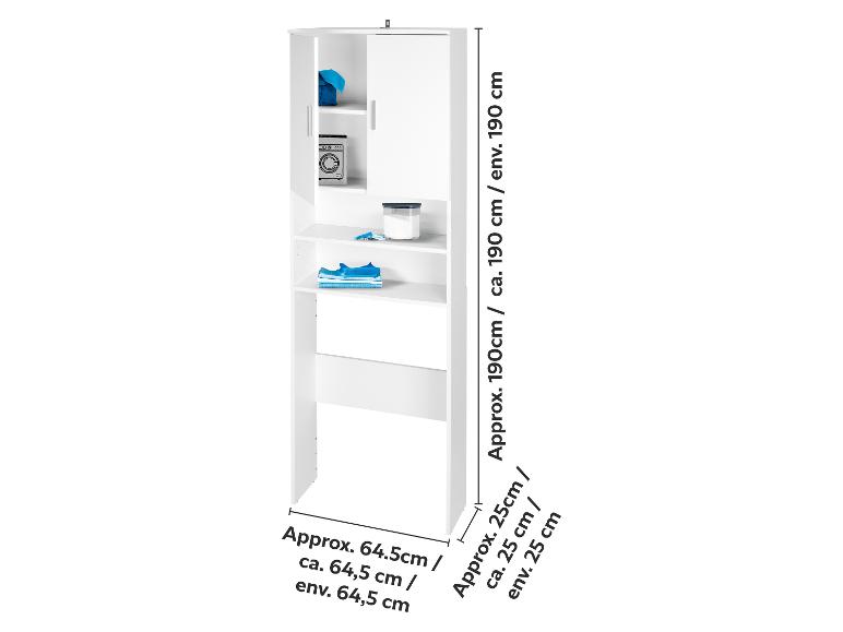 Witte waskast met planken en deuren, toont afmetingen.