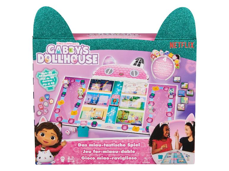 Gabby's Dollhouse bordspel met accessoires en stripfiguren.