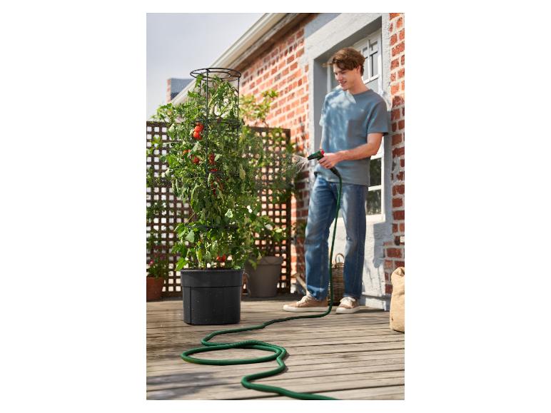 Man besproeit tomatenplant in pot met tuinslang op een terras.