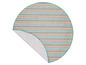 Een ronde strandhanddoek met strepen in roze, geel en blauw.