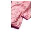 Roze jas met bouwsteenpatroon, ritssluiting en paarse manchetten.