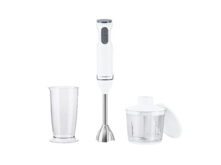 Witte staafmixer met maatbeker en hakmolen.