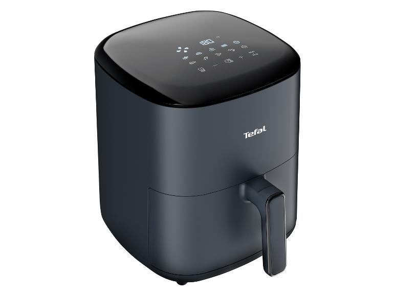 Een donkergrijze Tefal airfryer met een digitaal display aan de bovenkant.