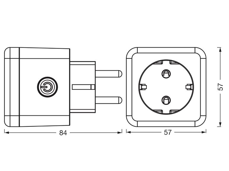 Afmetingen: 84 mm lange stekker en 57x57 mm stopcontact.