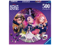Ronde legpuzzel van 500 stukjes met K-Pop Demon Hunters-personages op een paarse doos.
