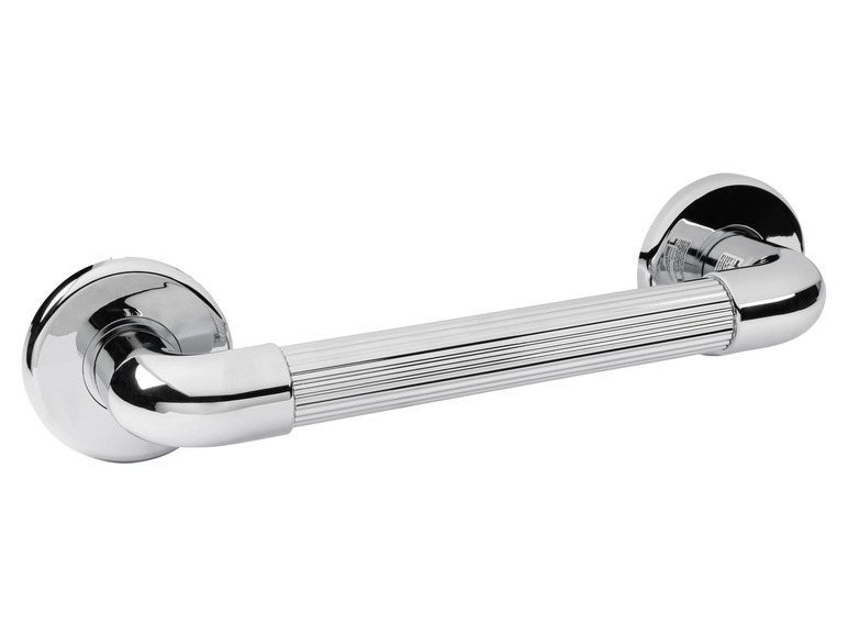 Een chromen handgreep voor in de badkamer.