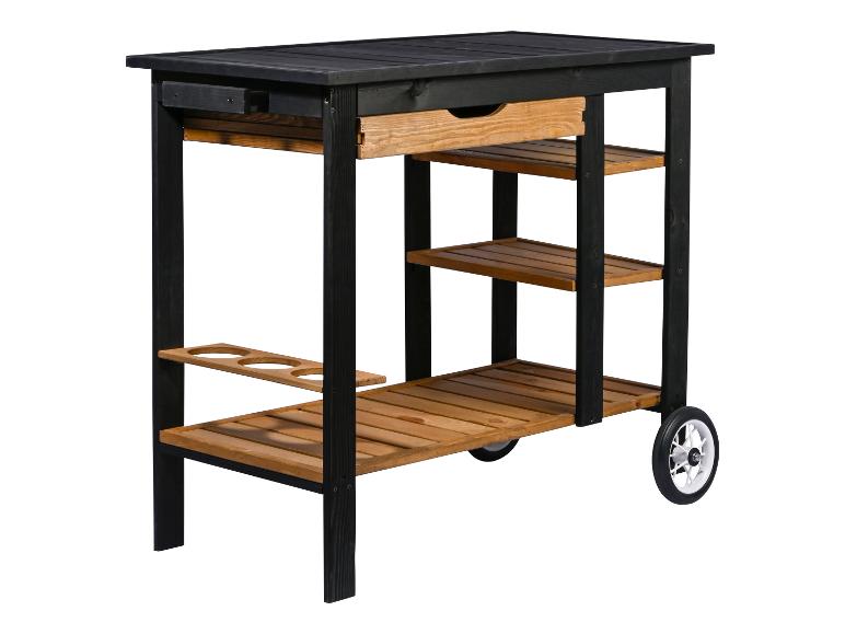 Zwart en naturel houten serveerwagen met lades, planken en flessenhouder, op wielen.