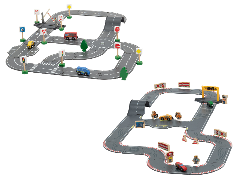 Twee speelgoedwegensets: één met stadsverkeer, de andere een racebaan met auto's en figuren.