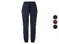 Blauwe dames joggingbroek met trekkoord, met bordeauxrode en zwarte kleuropties.