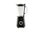Zwarte blender met glazen kan en zilveren draaiknop op een witte achtergrond.