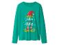 Groen shirt met lange mouwen met een kerstelfenprint en de tekst „let's take an elfie“.