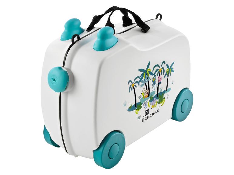 Kinderkoffer met wielen, tropische print en personages.