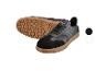 Zwarte herensneakers met bruine zool, vanuit twee hoeken getoond.