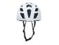 Witte fietshelm met zwarte bandjes.