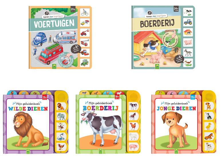 Geluidenboeken voor kinderen met voertuigen, boerderijdieren en wilde dieren.