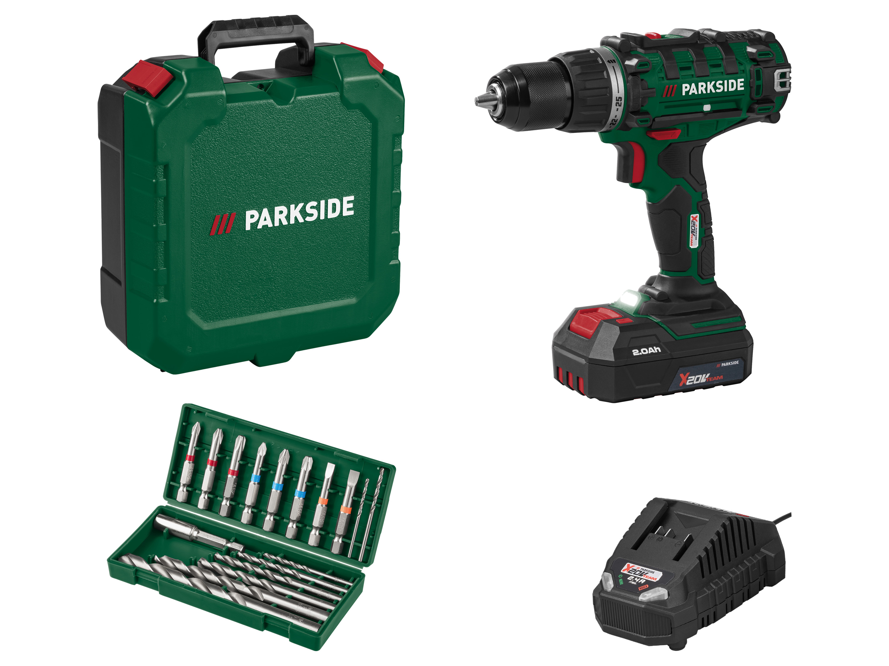 PARKSIDE Accu-schroefboormachine set 20 V 45 Nm, met accu 2 Ah en lader 2,4 A, incl. 17-delige accessoireset