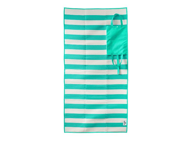 Gestreepte strandmat met bijpassende turquoise draagtas.