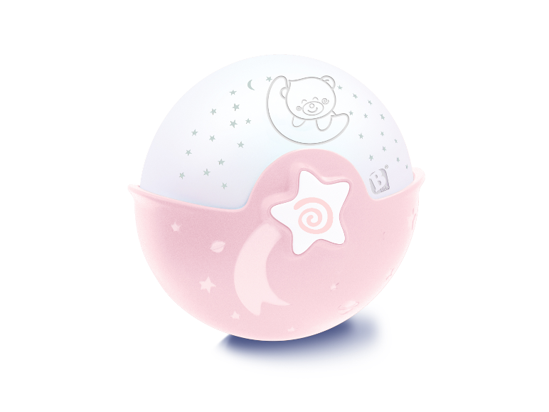Roze B.Kids nachtlampje in balvorm, versierd met sterren en een beer.