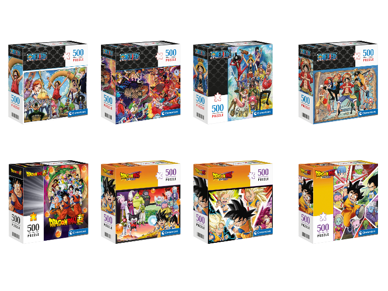 Clementoni puzzelset van 500 stukjes met verschillende Dragon Ball- en One Piece-motieven.