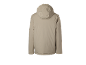 Achteraanzicht van een beige jas met capuchon.