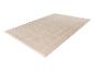 Beige vloerkleed met een geometrisch patroon van witte lijnen en vierkanten.