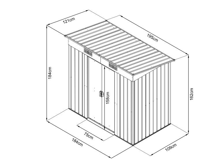 Metalen tuinhuis met afmetingen, deur en schuin dak.