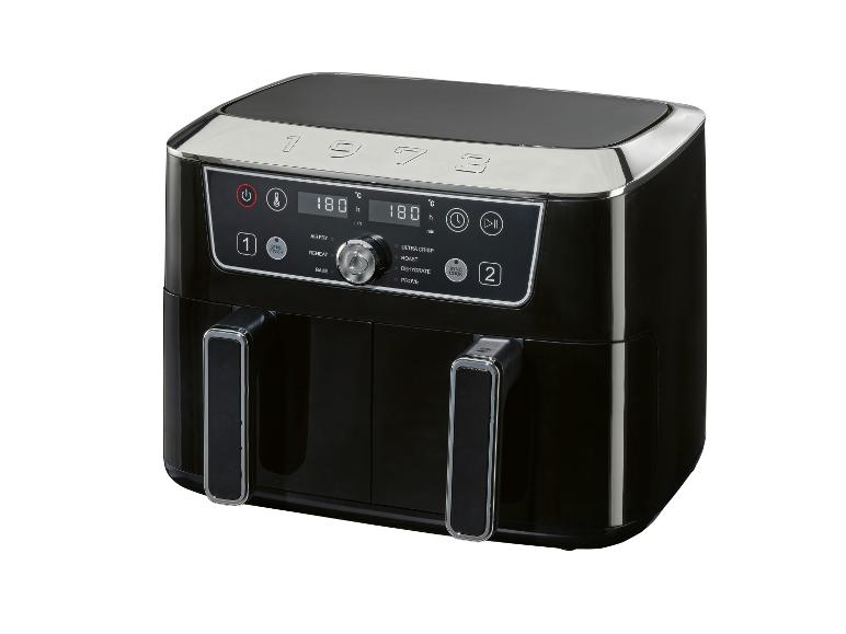 Zwarte heteluchtfriteuse met dubbele mand en digitaal display met 180 graden Celsius en diverse kookfuncties.