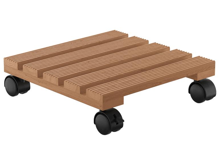 Houten plantenstandaard met wielen.