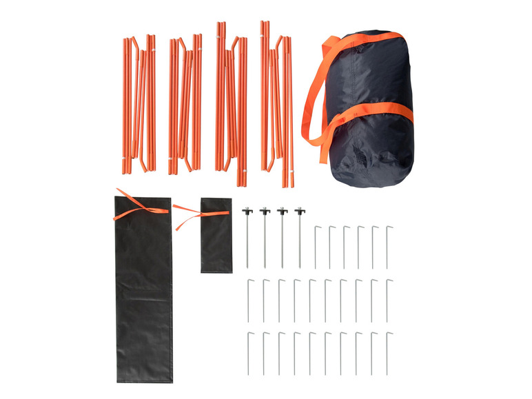 Een tent met oranje stokken, een draagtas en haringen.