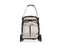 Opgevouwen beige kinderwagen met zwarte handvatten en schouderriem.