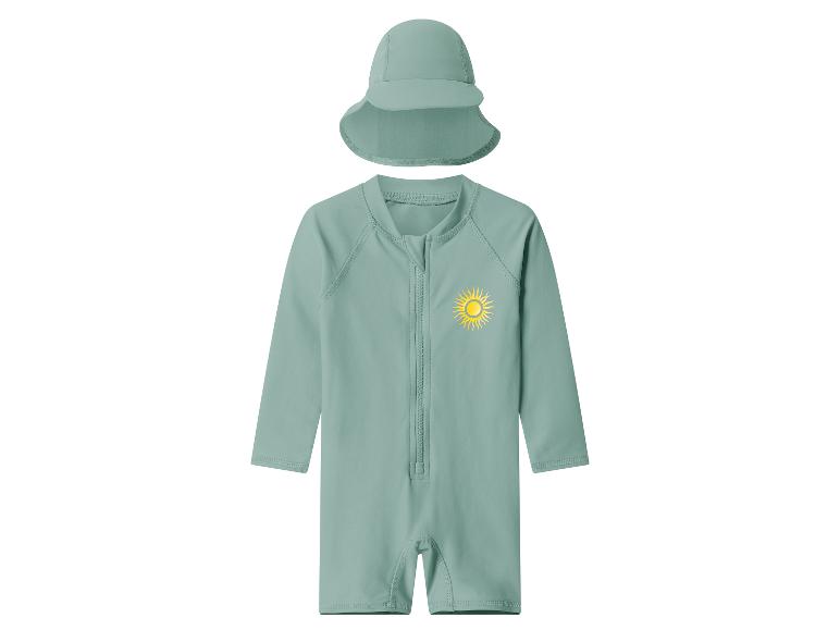Mintgroene babyzwemkleding set met lange mouwen, rits en zonne-opdruk, inclusief bijpassende hoed.