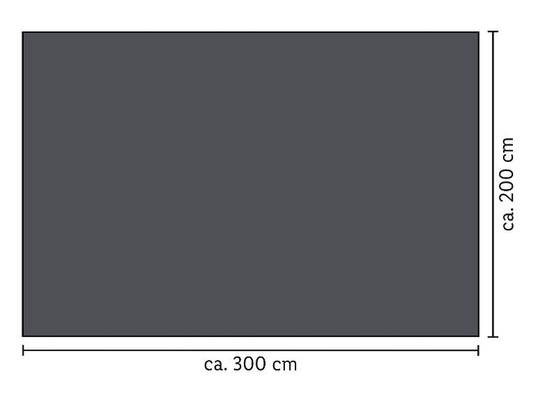 Donkergrijs rechthoekig textiel met afmetingen van ca. 300 cm x 200 cm.