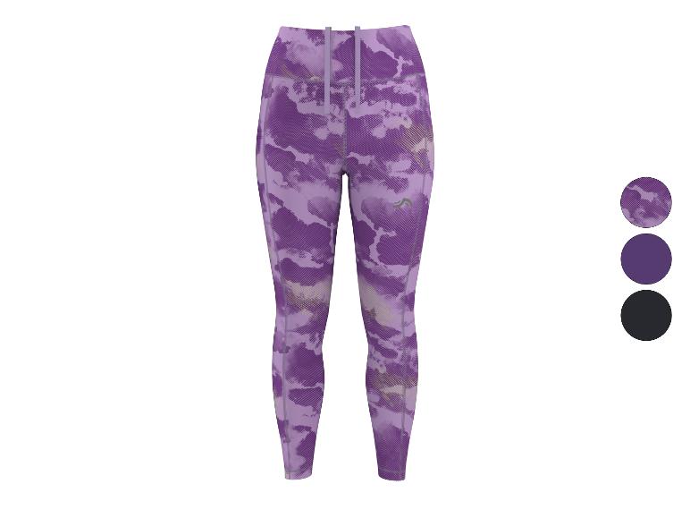 Paarse sportlegging met abstract patroon en effen kleuropties.