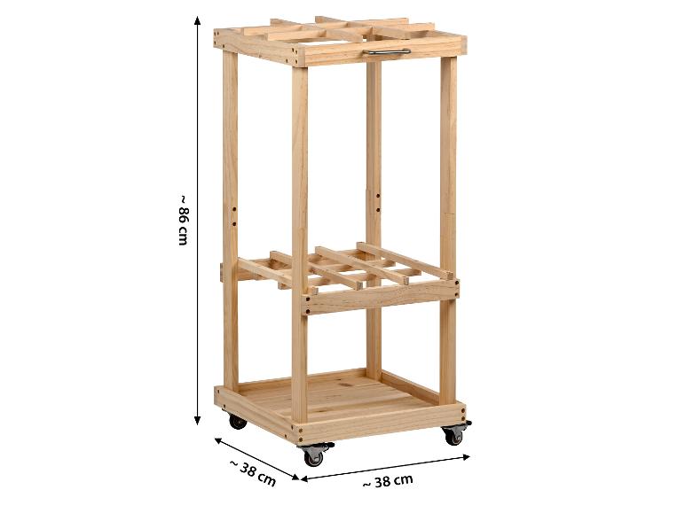 Houten keukentrolley met drie planken en wielen, ongeveer 86x38x38 cm.