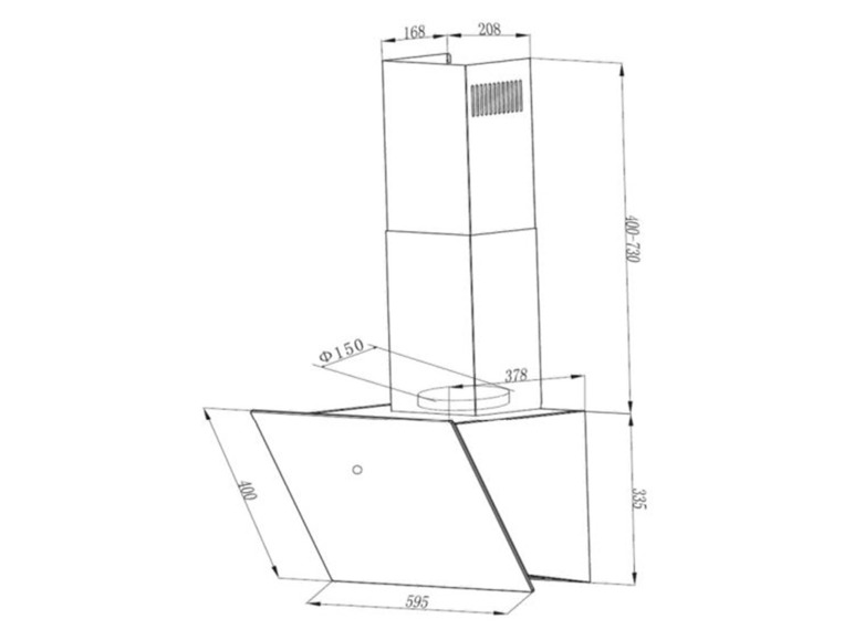 Schematische tekening van een afzuigkap met afmetingen.