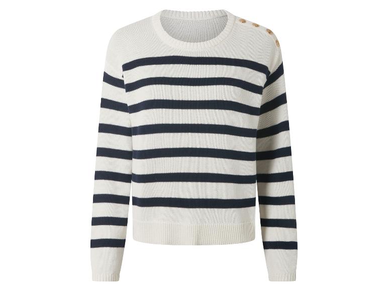 Gestreept gebreid sweatshirt in wit en marineblauw met knopen op de schouder.