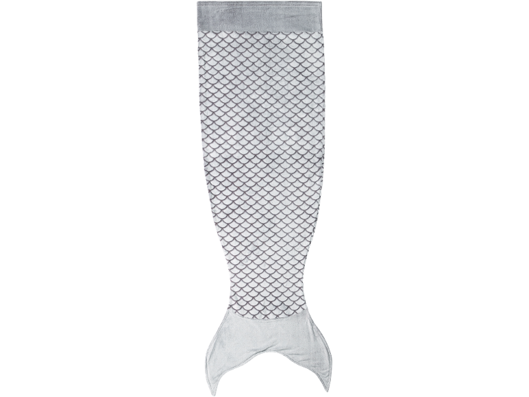 Grijze zeemeerminstaart deken met schubbenpatroon, ideaal voor kinderen.