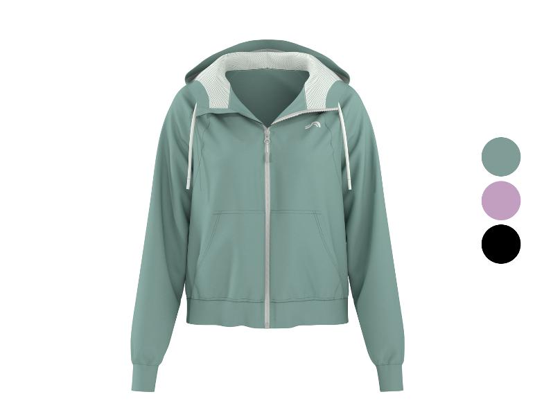 Dames hoodie jas in lichtgroen met wit trekkoord en rits, kleuropties getoond.