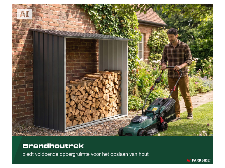 PARKSIDE® brandhoutrek in een tuin naast een grasmaaier.