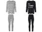 Twee loungewear sets: een grijze gestreepte en een zwarte met tekst.