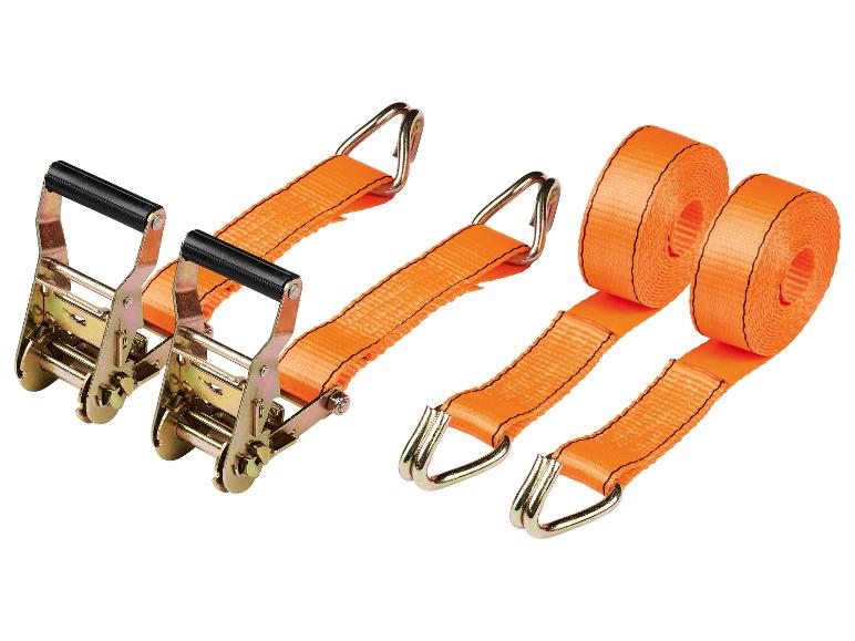 Twee oranje spanbanden met ratels en twee rollen oranje band