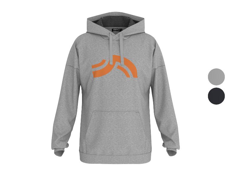 Grijze hoodie met oranje logo en buidelzak aan de voorkant.