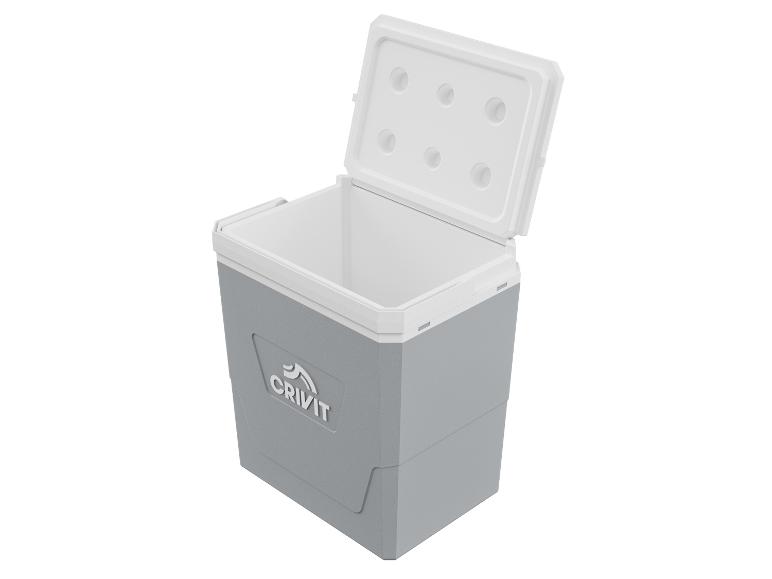 Grijze Crivit koeltas met open wit deksel.