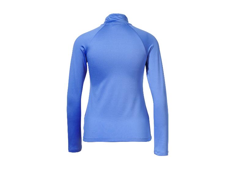 Blauw sportshirt met lange mouwen en hoge kraag, van achteren gezien.