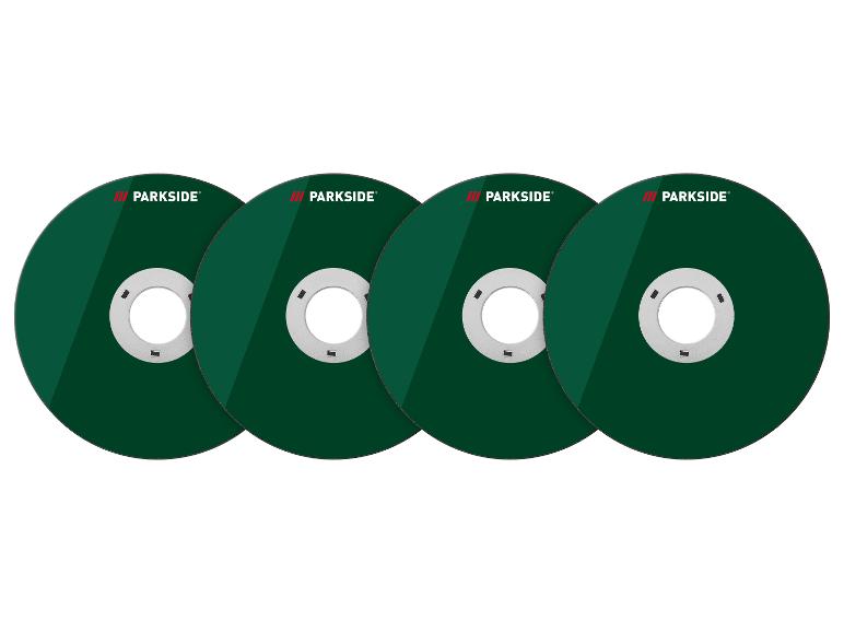 Vier groene Parkside doorslijpschijven met een metalen midden, horizontaal gerangschikt.
