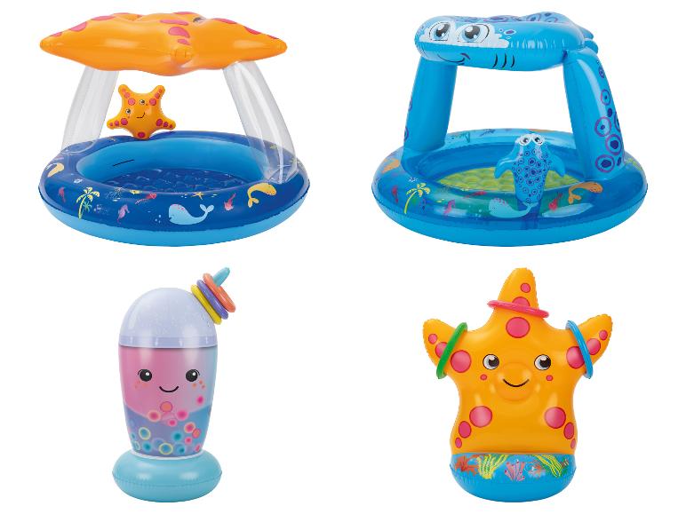 Opblaasbare kinderzwembaden met luifels en waterspeelgoed met zeethema.