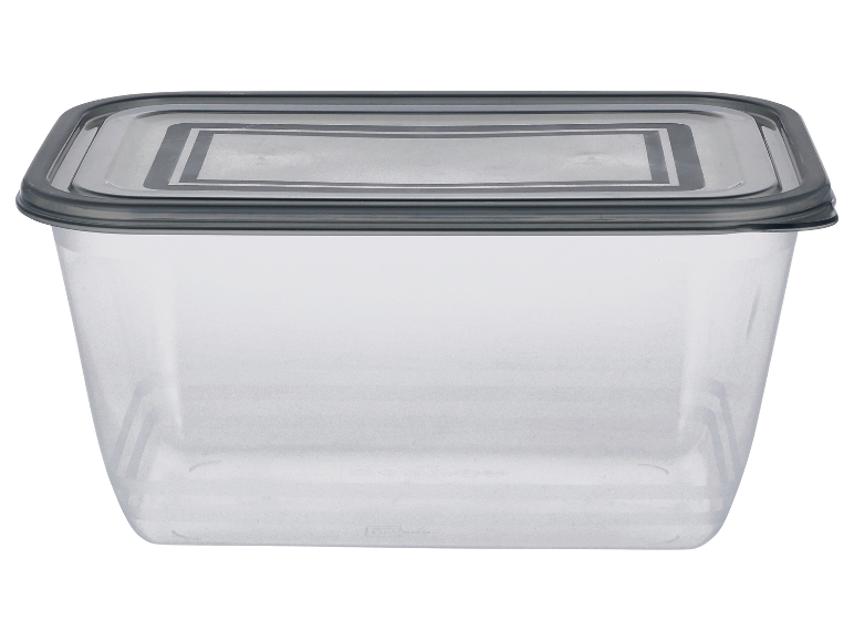 Transparante plastic opbergdoos met grijs deksel.