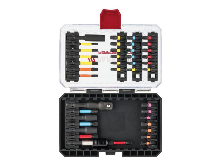 Schroevendraaierbitset in een open koffer met een transparant deksel.