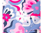 Kleurrijk bloemen- en dierenpatroon met sneeuwvlok-overlay, in roze, blauwe en witte tinten.