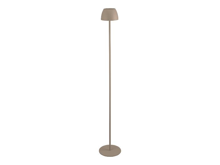 Moderne taupe vloerlamp met een ronde voet en klokvormige kap.